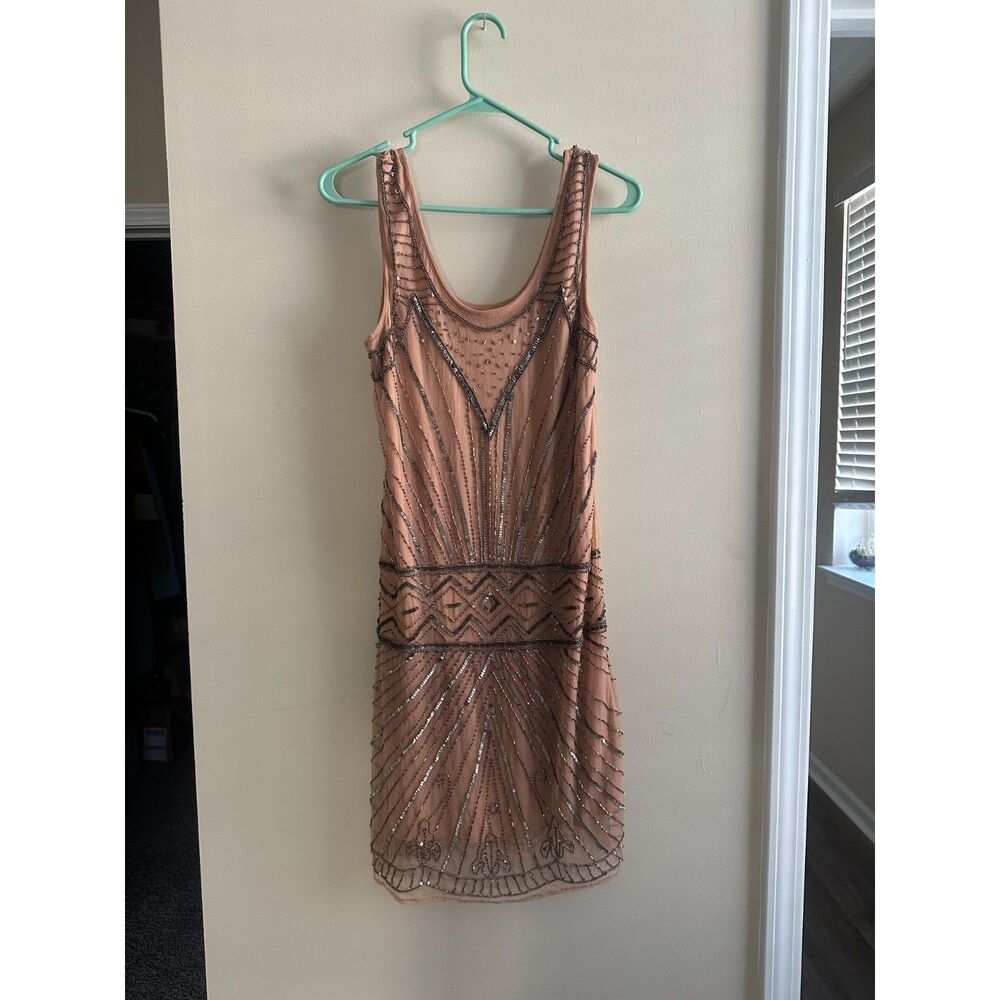 Angie Art Deco Beaded Flapper Dress Boho Peach Mesh Sequin Size Small